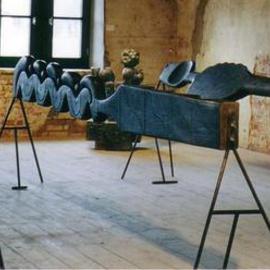 Stefan Van Der Ende: 'without title', 1994 Wood Sculpture, Abstract. Artist Description: One sculpture , three bodies, one meter apart.Burned elmwood , steel....