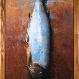 Mikhail Velavok: 'Sad Salty Fish', 2019 Oil Painting, Fish. Artist Description: Original oil painting on canvas glued on cardboard.  The artwork is being sold framed in natural light wood frame 51. 5x32. 5cm.  Dimensions of artwork without a frame are 49x30cm.  It is wired and ready for hanging.  fish, salty fish, dried fish, dead fish, object, still life, original ...