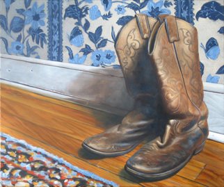 Steve Miller: 'Daddys Home', 2008 Oil Painting, Western.  Western Cowboy boots wooden floor  ...