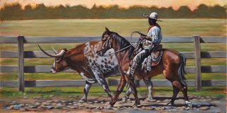 Steve Miller: 'The Red Bandana', 2011 Oil Painting, Western.    Western Fort Worth Stockyards Black cowboy longhorn cattle bull bandana horse steer  ...