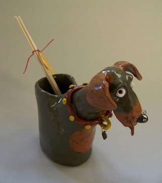 Suzanne Noll: 'Brown and Tan Dog Oil Reed Diffuser Item V1075', 2011 Handbuilt Ceramics, Dogs.      Here is a great way to decorate your home while sitting back taking in the beautiful aroma of the included vanilla oil rattan reed diffuser. This ceramic dog vase holds a refillable . 5 fl oz. vial and 5 reeds that is easy to remove. The reeds provided are filled with...