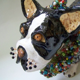 Suzanne Noll: 'Chipper', 2007 Ceramic Sculpture, Dogs. Artist Description:    Chipper is a Boston Terrier Dog Sculpture made of high fired clay and glazes with mosaics of stained glass, broken mirror and beads. The whiskers are made of copper wire with polymer clay balls at the ends.As with all my creations, Chipper is a handmade, signed, one- ...