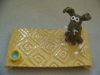 Suzanne Noll: 'Gray Dog Post it Note Holder', 2011 Other Ceramics, Dogs.       This cute little dog is sitting on a cream colored base plate with a water dish on the opposite side. This is a fun and whimsical, decorative plate that can be used to hold post- it notes, change or other small items. He is made of high fire ceramic clay...