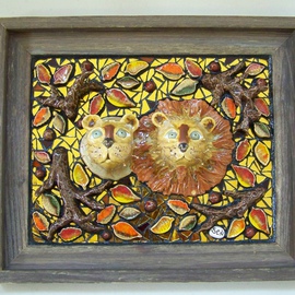 Suzanne Noll: 'Lions Pride', 2009 Mixed Media Sculpture, Wildlife. Artist Description:        Lion's Pride is a high fired, ceramic, Lion & Lioness mask of various glazes. They are inlaid in handmade tiles, gold mirror and broken glass inside of a barnwood frame. The whiskers are of gold toned wire and gold toned balls at the ends.As with all my ...