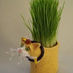 Yellow Ceramic Cat Grass Holder Item V1077, Suzanne Noll
