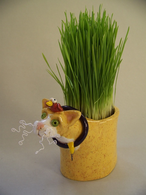 Artist Suzanne Noll. 'Yellow Ceramic Cat Grass Holder Item V1077' Artwork Image, Created in 2011, Original Ceramics Other. #art #artist