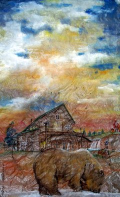 Debbi Chan: 'bears at the studio', 2010 Watercolor, Farm. Artist Description:  i painted this on silk at the clouds came out spectacular. i really have a bear here.                                                                                         ...