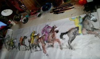 Debbi Chan: 'scrolling il Palio', 2015 Watercolor, Equine. Artist Description:  One long continuous story painting on a roll of rice paper featuring il Palio horserace in Siena Italy.      ...