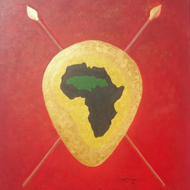 Gregory Roberson: 'Afrika and Jamaica Linked ', 2016 Acrylic Painting, Ethnic. Artist Description:   Original acrylic painting on canvas. Part of my Spears and Shield collection. Symbolic and cultural ties between the continent of Afrika and the island of Jamaica.  ...