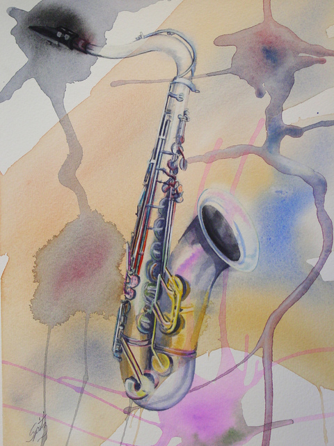 Artist Mark Spitz. 'Saxophone' Artwork Image, Created in 2017, Original Watercolor. #art #artist