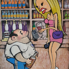 Ross Hendrick: 'beer and wine', 2020 Acrylic Painting, Satire. Artist Description: Painting featuring one of my cartoon characters that I have been drawing a long time.  He started as a comic strip I created called Couch Potato and has cropped up in various different cartoons and comics I have done over the years.  Here he is in a pub ...