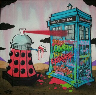 Ross Hendrick: 'exterminate', 2018 Mixed Media, Satire. Dalek spray can spraying the Dr Who Tardis. ...
