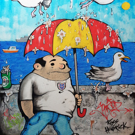 Ross Hendrick: 'seaside stroll', 2020 Acrylic Painting, Humor. Artist Description: The umbrella can come in useful in the summer when there are lots of seagulls around.  A painting on canvas featuring one of my cartoon characters who has had different reincarnations over the years.  He was originally called Couch Potato in my early comic strips.  Inspirations are Viz ...
