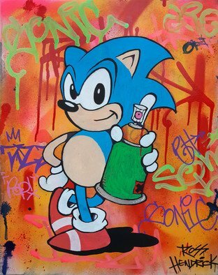 Ross Hendrick: 'sonic spraycan', 2021 Mixed Media, Pop. Classic Sonic the Hedgehog with a spray can. Spray paint, acrylic and ink on canvas. ...