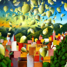Massimiliano Stanco: 'A Lemon Explosion before Sunset', 2009 Oil Painting, Surrealism. Artist Description:  Breathing deeply the fresh alpine air and the strong citrus essence.Smell with your eyes to believe. ...