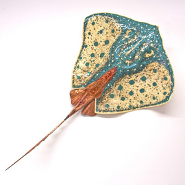 Stan Harmon: 'Glass Stingray', 2014 Glass Sculpture, nature. Artist Description:  Kiln formed glass with copper and bronze tail. Can be displayed on wall or hanging from ceiling upside down or as part of a mobile with multiple stingrays. Comes in 3 sizes.   Fused Glass, copper, bronze, steel   ...