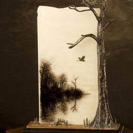Stan Harmon: 'Going Home', 2009 Glass Sculpture, Landscape. Artist Description:  Kiln- formed sheet glass with black powder imagery. No enamels used. Copper, bronze and steel used in  cypress tree with osprey nest. 12x20x6 inches ...