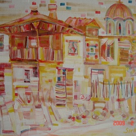Stella Spiridonova: 'Church', 2009 Oil Painting, Abstract Landscape. Artist Description:  Bunch of houses from an ancient village in Bulgaria. The toll building is the church with an oval roof. Colors go from yellow to brown and some red accents. White canvas appears everywhere.  ...