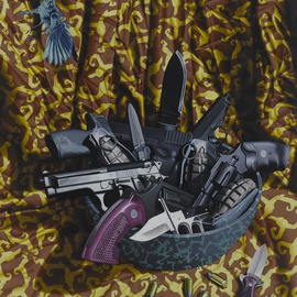 Stephen Hall: 'American Still Life  SOLD', 2013 Acrylic Painting, nature. Artist Description:  Still life, nature, violence, guns, ammo, bullets, knives, grenades, fruitbowl, bluebird, patterns, drapery ...