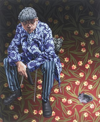 Stephen Hall: 'Imperialist', 2014 Acrylic Painting, Surrealism.  Man, Gangster, Gun, Chinchilla, daffodils, flat cap, boots, striped trousers, chair.           ...
