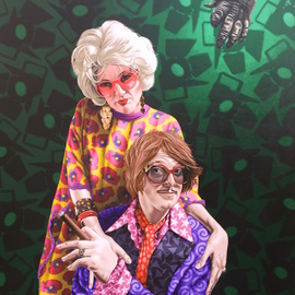 Stephen Hall: 'Mel and Fanny The Portrait  COMMISSIONED', 2016 Acrylic Painting, Pop. Artist Description:  Motorbike, Yamaha SR500, Rooster, Molecules, Straight Edge RazorStephen Halls latest painting Mel and Fanny, the Portrait commissioned by owners of legendary Burlesque and variety club The Slipper Room James Habacker and Camille Helene Habacker.  This painting was commissioned for their new soon to be filmed movie Mel and ...