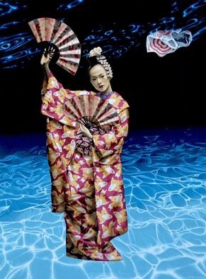 Stephen Hall: 'beauty and the empty ocean', 2020 Acrylic Painting, Figurative. A Geisha adorned in various treasures of sea life, stands in an empty ocean with the image of a plastic bag branded as a metaphor for corporate greed. ...