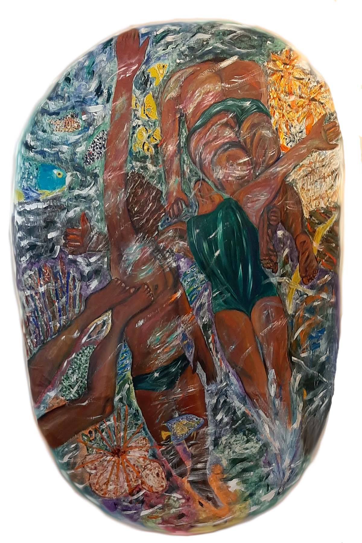 Stephen Mead: 'Swim', 1990 Oil Painting, nature. A large oval mural piece, part of the DVD collection 