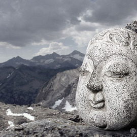 Steven Poe: 'Alpine Sanctuary', 2002 Other Photography, Visionary. Artist Description: An ancient Buddha rests near a boulder cliff looking out over a expansive alpine vista....