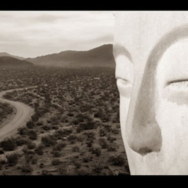 Steven Poe: 'Sands of Time', 2002 Other Photography, Visionary. Artist Description: Buddha face carved in rocky cliff overlooks a desert valley, with a road leading into the distance....