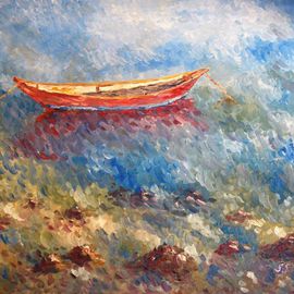 Steve Scarborough: 'Little red dinghy 3', 2015 Oil Painting, Beach. Artist Description:  Boat, impressionism, water ...