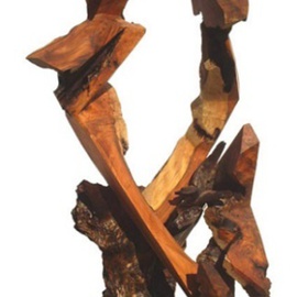 Daryl Stokes: 'Partners', 2009 Wood Sculpture, Abstract. Artist Description:  A unique abstract redwood sculpture depicting an intriguing pair of angular persons standing separately with elongated, pointed visages that peer forward together. Both of these dramatic persona forms emanate in opposite directions from a gnarled burl wood base configuration with polished geometric faceted wood accents. Some of the ...