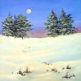 Stuart Parnell: 'Sheep in the snow', 2007 Acrylic Painting, Landscape. Artist Description:  A winter landscape at moonrise in north Wales, a few sheep try to shelter from the snow, underneath the pine trees.Signed and dated, the painting continues on to the sides of the canvas, no frame required. ...