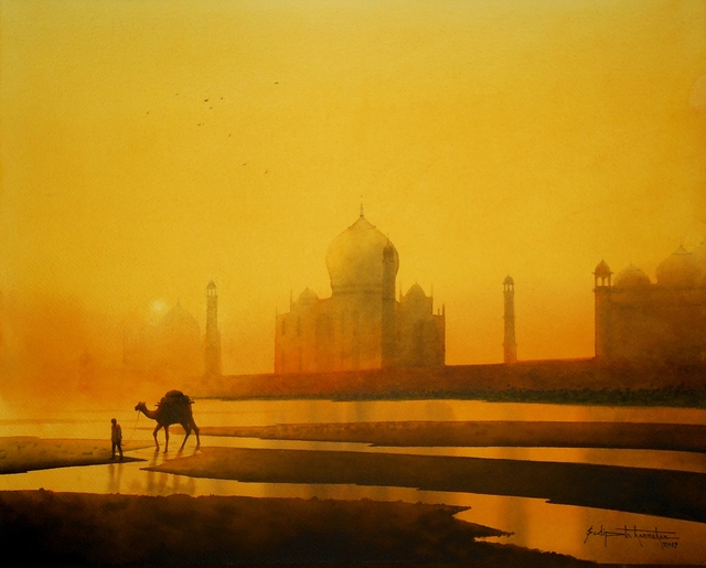 Sudipta Karmakar  'Camel With Taj', created in 2019, Original Watercolor.
