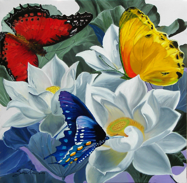 Sulakshana Dharmadhikari  'Flower With Butterfly ', created in 2016, Original Painting Oil.
