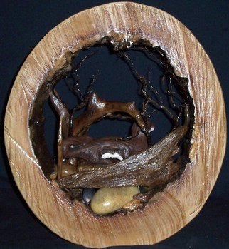 Janice Young: 'Hide and Seek', 2014 Mixed Media, Ecological.    Log cross section, drift wood, porcelain, oil paint, finishers                               ...