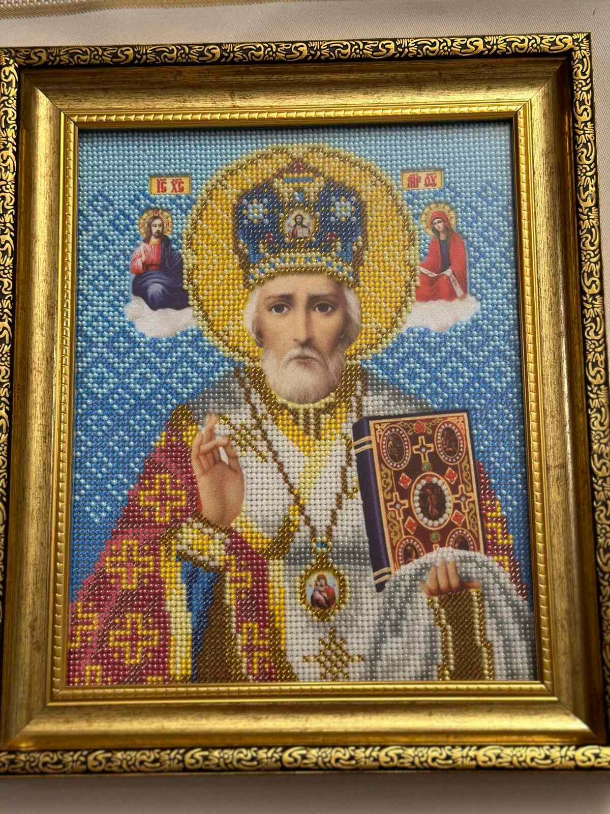 Iryna Pyndyk: 'icon St Nicholas the Wonderworker', 2024 Beads, Religious. The picture is embroidered with beads, the image of St.  Nicholas the Wonderworker...