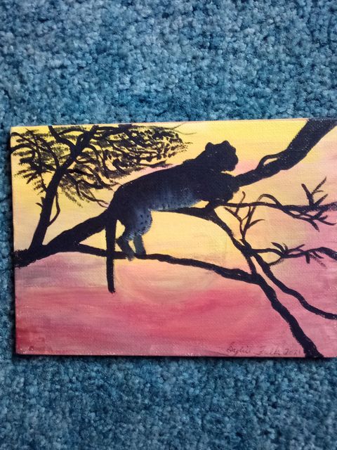 Artist Sybil Fulk. 'Leopard At Sunset' Artwork Image, Created in 2021, Original Painting Acrylic. #art #artist