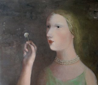 Stanislav Zvolsky: 'Girl with a dandelion', 2008 Oil Painting, Figurative.  oil, painting, Dandelion, pearl necklace, ancient, portrait, vintage,  ...
