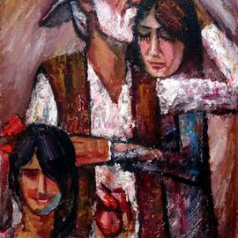 Najmaddin Huseynov: 'My Grandfather', 2005 Oil Painting, Impressionism. Artist Description:    cardboard on oil       oldman and Children              ...