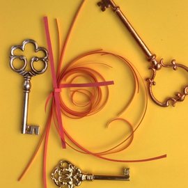 Tamarra Tamarra: 'keys and quills', 2020 Photography, Still Life. Artist Description: Color photograph of 3 metal keys with pink quilling paper...