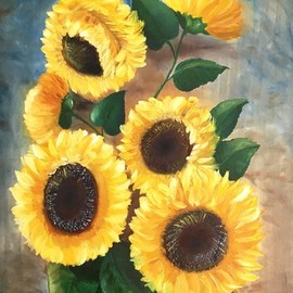 Alina  Tanase: 'sunflowers', 2017 Oil Painting, Floral. Artist Description: sunflowers, flowers, summer, yellow, nature, floral...