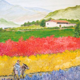 Heng Tan: 'Flowerfield with Musician on a Donkey', 2013 Acrylic Painting, Landscape. Artist Description:  Pleasantly, a native musician is passing across the flowerfield on a donkey. ...