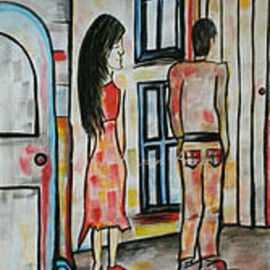 Tanya Martin: 'time to leave', 2018 Acrylic Painting, Romance. Artist Description: A painting that depicts a rather awkward moment ...