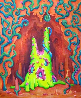Viktoria Zhornik: 'Singing Groth', 2013 Acrylic Painting, Surrealism. grotto, home, stone, landscape, cave, plants, creature, surrealism, fantasy, flowers, bright...