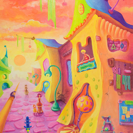 Viktoria Zhornik: 'Stroll', 2015 Oil Painting, Cityscape. Artist Description:  city, sun, architecture, sunset, people, surrealism, landscape, positive, bright, fantasy ...