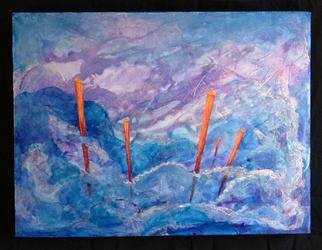 Tary Socha: 'Five Poles', 2005 Acrylic Painting, Abstract. An impression of angular boyant poles in contrast with fluidity and movement of ocean waves....