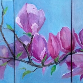 Tatiana Tarasova: 'magnoly blossom', 2018 Oil Painting, Floral. Artist Description: tryptich, magnolia, flower, tree...