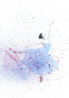 Tracey Carmen: 'blue ballerina in motion', 2018 Watercolor, Dance. This is part pencil drawing and part watercolour of a ballerina. The top part of the dancer is purposely kept colourless to show a contrast between that part and the movement and colour of the body. The body has been covered with some spray to further add to the movement ...
