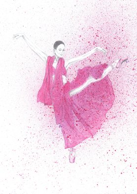 Tracey Carmen: 'pink ballerina in motion', 2018 Watercolor, Dance. This is part pencil drawing and part watercolour of a ballerina. The top part of the dancer is purposely kept colourless to show a contrast between that part and the movement and colour of the body. The body has been covered with some spray to further add to the movement ...