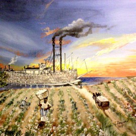 Terri Flowers: 'Mississippi Cotton Boat', 2011 Acrylic Painting, Americana. Artist Description:  Workers gather cotton while riverboat waits at the shoreline for loading. ...
